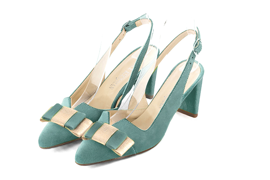 Mint green and gold matching shoes and clutch. Wiew of shoes - Florence KOOIJMAN